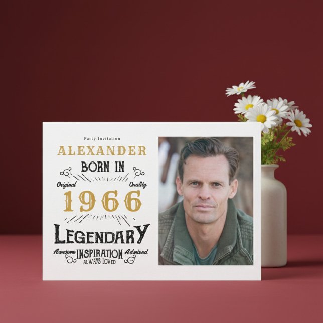 Invitation 60e anniversaire 1966 Légende Photo Blanc & Or (Born 1966 birthday invitation.)
