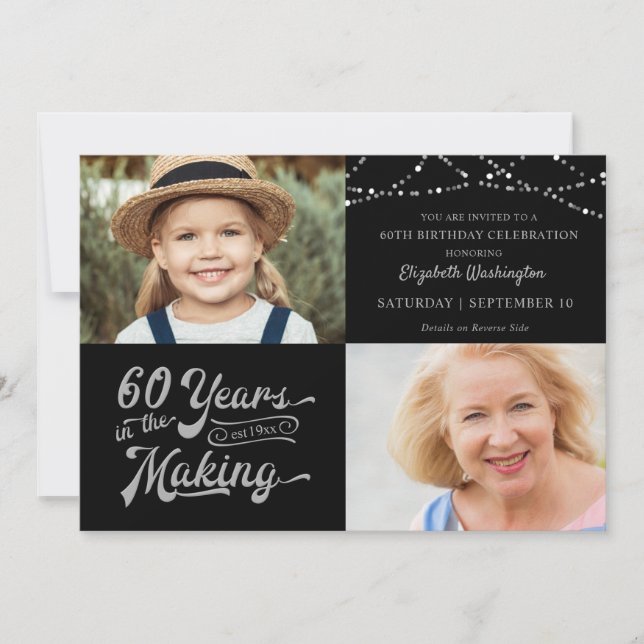 Invitation 60e anniversaire 2 photos Lumières à cordes d'arge (Devant)