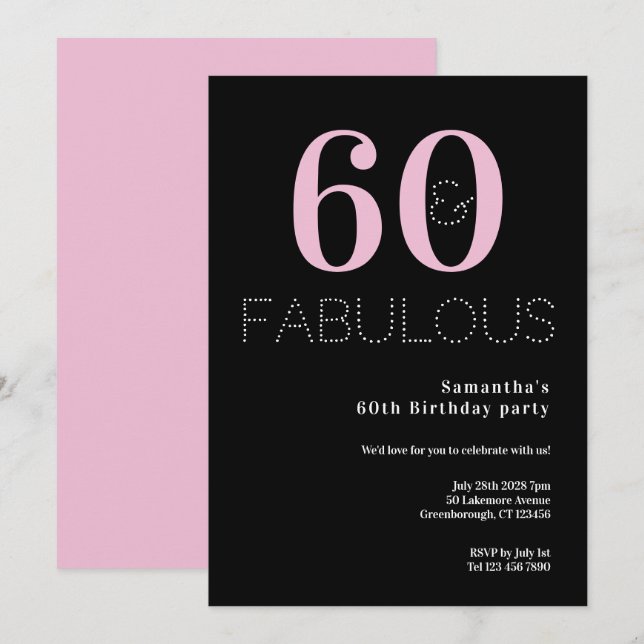 Invitation 60e anniversaire 60 et Fabulous Black Pink Party (Devant / Derrière)