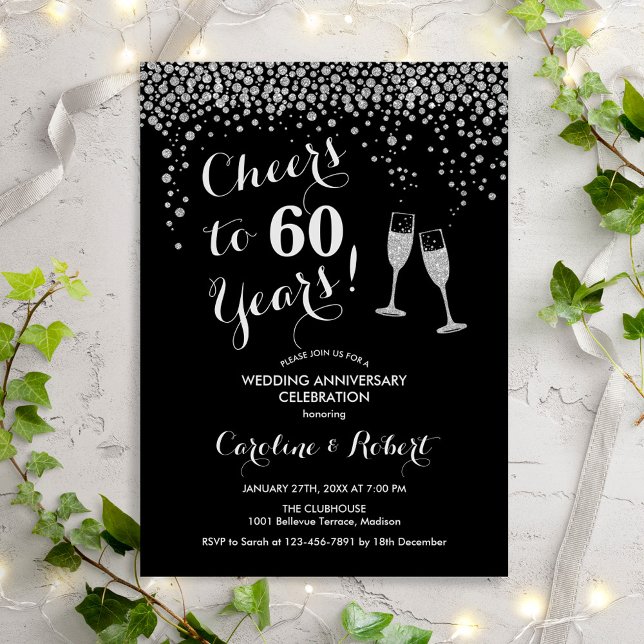 Invitation 60e anniversaire - À 60 ans de bonheur Argent Noir (Créateur téléchargé)