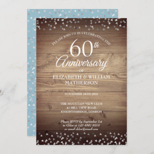 Invitation 60e Anniversaire Amour Coeurs Confetti Bois rustiq