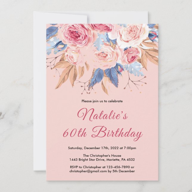 Invitation 60e anniversaire Aquarelle Botanique Rose Floral (Devant)