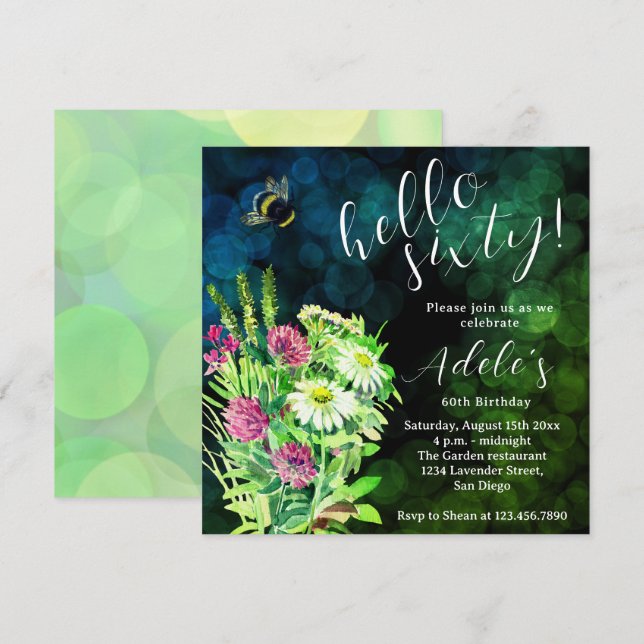 Invitation 60e anniversaire aquarelle fleur sauvage  (Devant / Derrière)