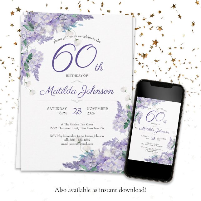 Invitation 60e anniversaire Aquarelle violette Floral Wisteri (60th Birthday Purple Watercolor Floral Wisteria Invitation)