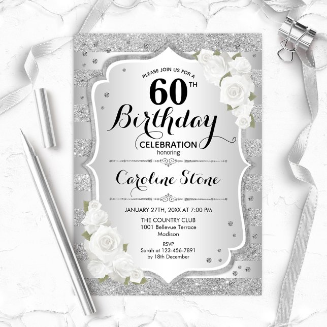 Invitation 60e anniversaire - Argent rayures Roses blanches (Créateur téléchargé)