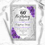 Invitation 60e anniversaire - Argent Stripes Roses violets<br><div class="desc">Invitation du 60e anniversaire. Design floral élégant en argent et violet. Comprend des bandes d'argent faux parties scintillant,  des polices de caractères et des confettis de style rose violet. Parfait pour une fête d'anniversaire glam.</div>
