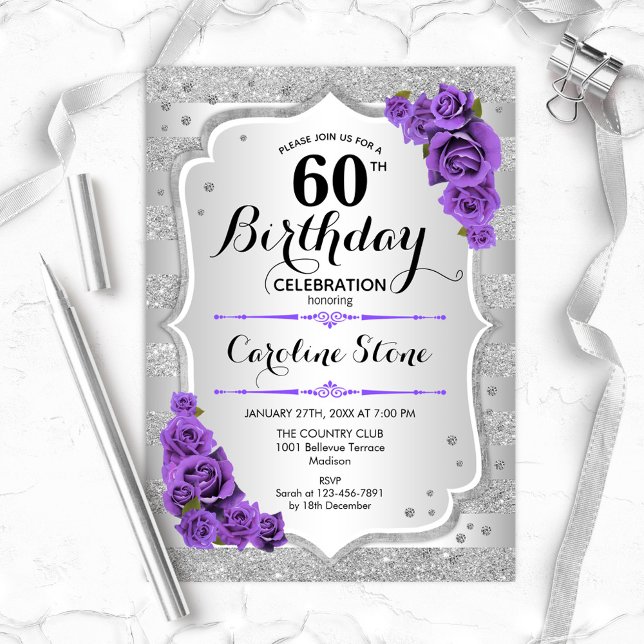 Invitation 60e anniversaire - Argent Stripes Roses violets (Créateur téléchargé)