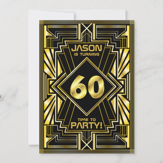 Invitation 60e anniversaire Art Déco Gold Black Great Gatsby (Devant)