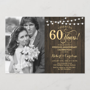 Invitation 60e anniversaire avec photo - Bois rustique or