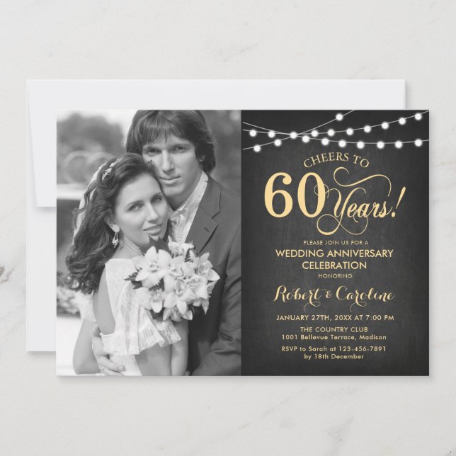 Invitation 60e anniversaire avec photo - Chalkboard et or (Devant)