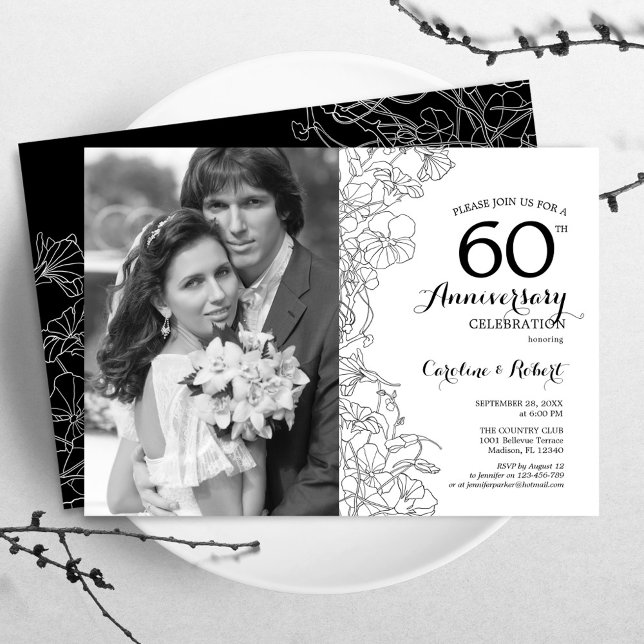 Invitation 60e anniversaire avec photo - Fleurs blanches et n (Créateur téléchargé)