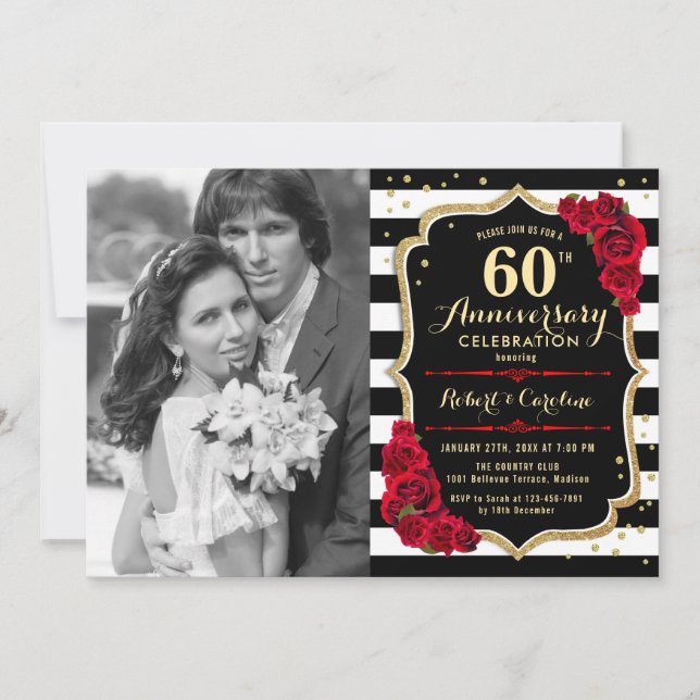 Invitation 60e anniversaire avec photo - Noir Rouge Or (Devant)