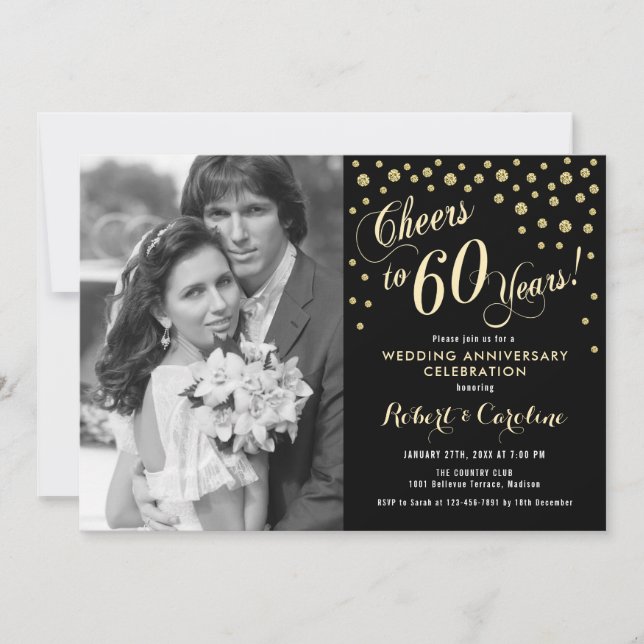 Invitation 60e anniversaire avec photo - Or Noir (Devant)
