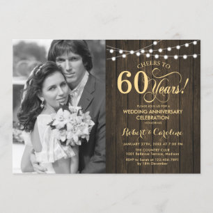 Invitation 60e anniversaire avec photo - Rustic Wood Gold