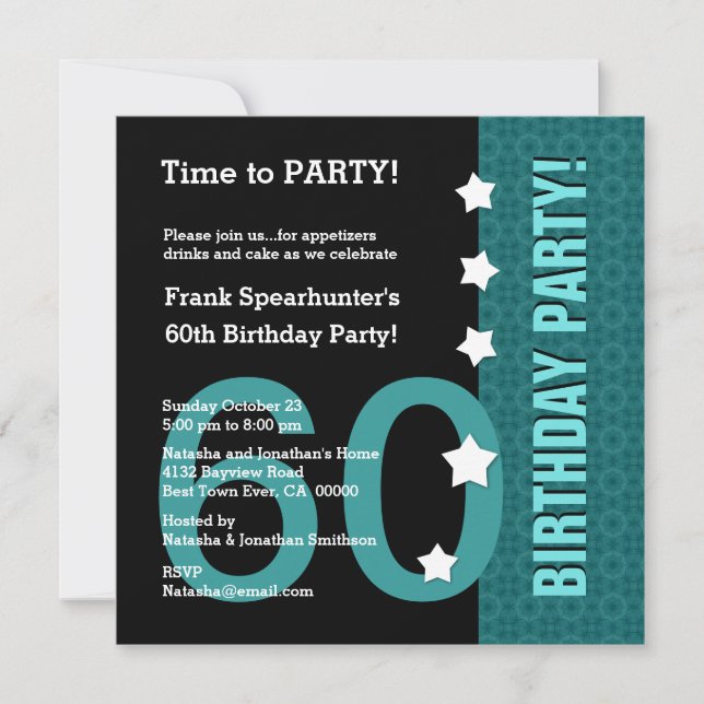 Invitation 60e anniversaire avec Stars Funny TURQUOISE et NOI (Devant)