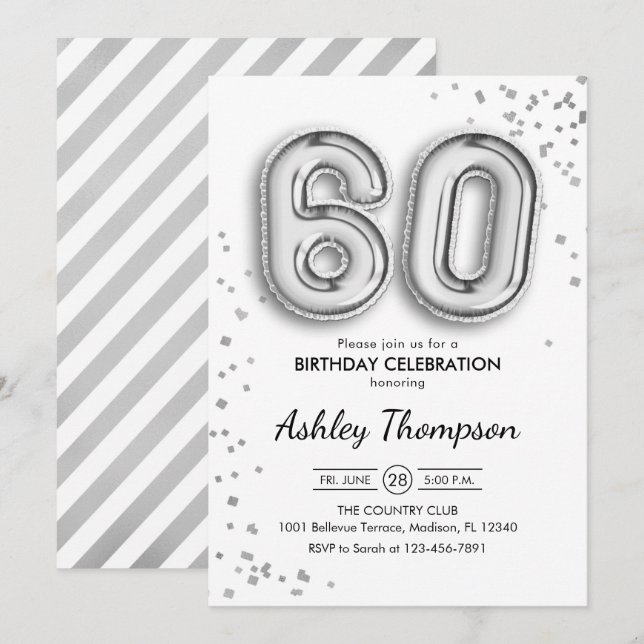 Invitation 60e anniversaire - Ballons d'argent (Devant / Derrière)
