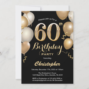 Invitation 60e anniversaire Ballons Noir et Or Confetti