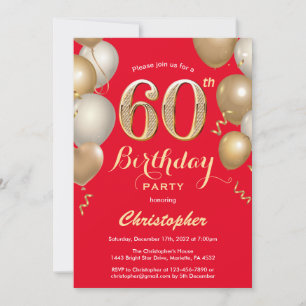 Invitation 60e anniversaire Ballons rouges et or Confetti