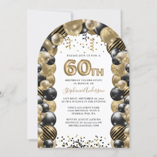 Invitation 60e Anniversaire Balloon Gold Black Sparkle