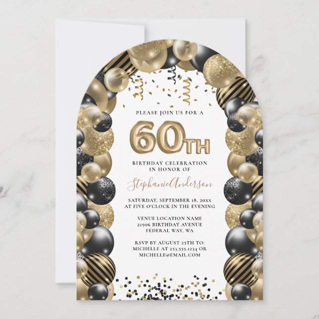 Invitation 60e Anniversaire Balloon Gold Black Sparkle (Devant)
