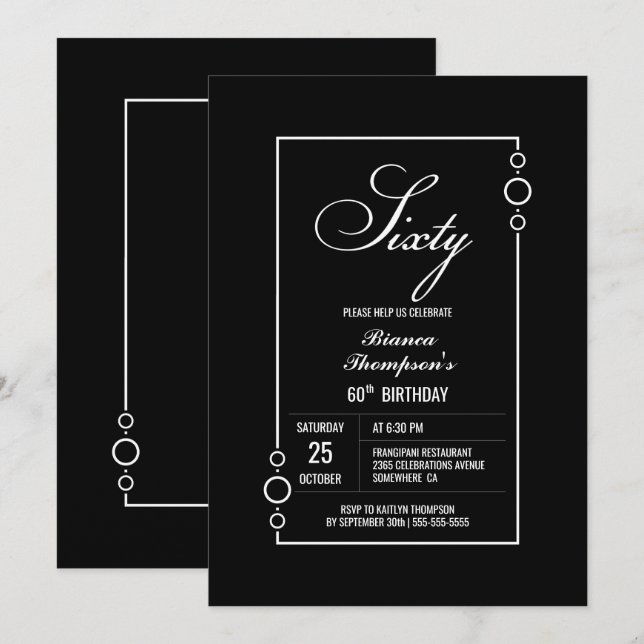 Invitation 60e anniversaire Black avec White Frame Party (Devant / Derrière)