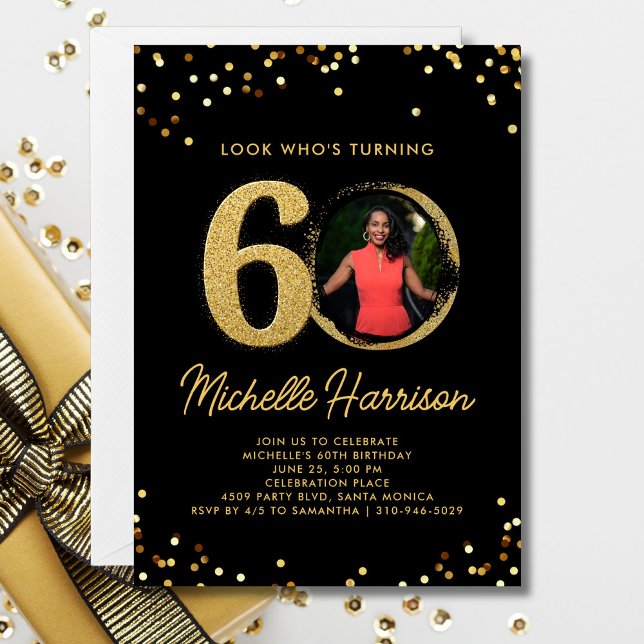 Invitation 60e Anniversaire Black Gold Confetti Photo (Créateur téléchargé)