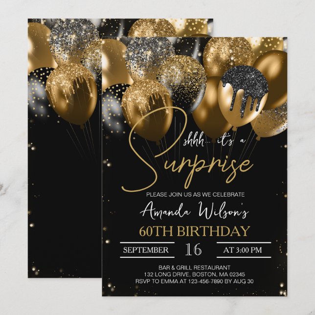 Invitation 60e anniversaire Black Gold Surprise Party (Devant / Derrière)