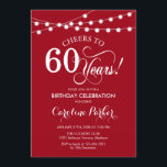 Invitation 60e anniversaire - Blanc rouge<br><div class="desc">Invitation 60th Birthday Design blanc simple avec lumières à cordes et police de script. Salutations à 60 ans ! Peut être personnalisé à tout âge! Message-moi si vous avez besoin d'une personnalisation plus poussée.</div>