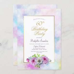 Invitation 60e anniversaire Bleu rose Floral Gold Pastel Bord