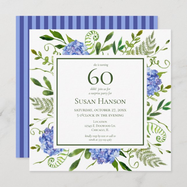 Invitation 60e anniversaire Blue Hydrangeas Surprise Party (Devant / Derrière)