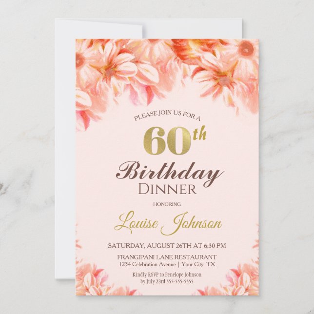 Invitation 60e anniversaire Blush Pink Gold Floral soirée (Devant)