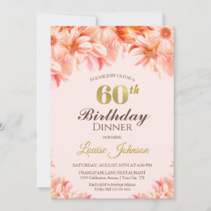 Invitation 60e anniversaire Blush Pink Gold Floral soirée