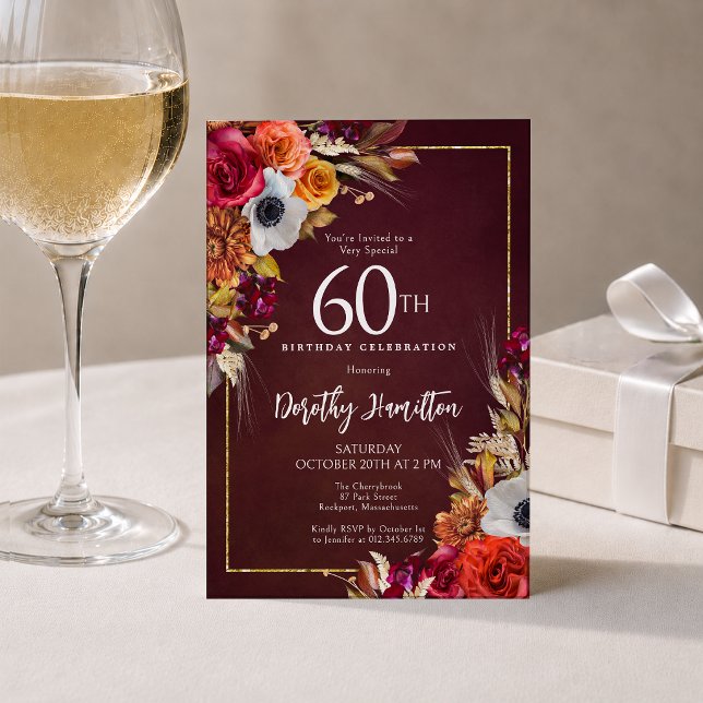 Invitation 60e Anniversaire Bourgogne Fleurs d'Automne Écritu (Créateur téléchargé)