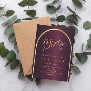 Invitation 60e anniversaire burgundy or arch script élégant