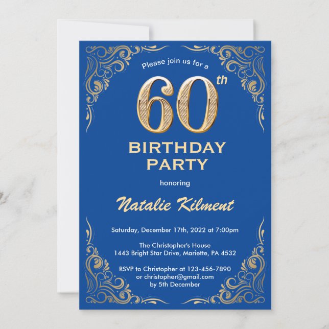 Invitation 60e anniversaire Cadre Parties scintillant bleu et (Devant)