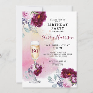 Invitation 60e anniversaire Champagne Verre Floral Anniversai