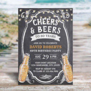 Invitation 60e anniversaire Cheers & Beers Rustic Chalkboard