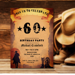 Invitation 60e anniversaire cowboy vieux papier cheval à chev