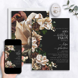 Invitation 60e anniversaire Dark Moody Neutral Magnolia Flora