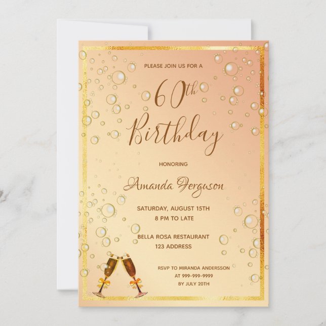 Invitation 60e anniversaire de fête or bulles glam (Devant)