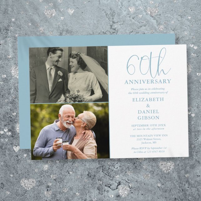 Invitation 60e anniversaire de mariage alors et maintenant 2  (60th Wedding Anniversary Then And Now 2 Photo Invitation)