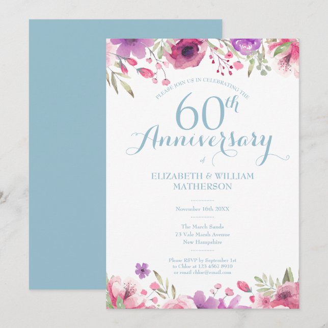 Invitation 60e Anniversaire de Mariage Aquarelle Floral (Devant / Derrière)