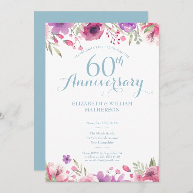 Invitation 60e Anniversaire de Mariage Aquarelle Florale (Devant / Derrière)