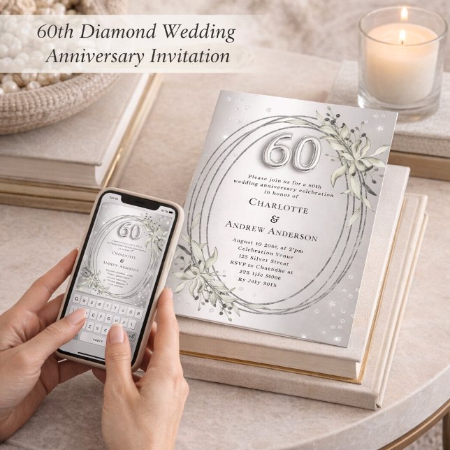 Invitation 60e anniversaire de mariage argent verdure diamant (Créateur téléchargé)