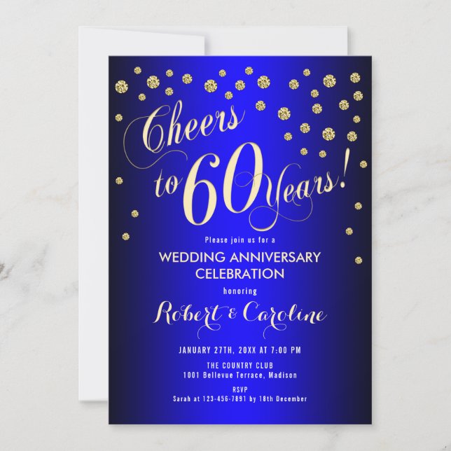 Invitation 60e anniversaire de mariage - Bleu royal et or (Devant)