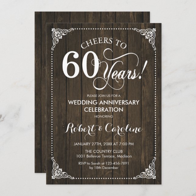 Invitation 60e anniversaire de mariage - Bois (Devant / Derrière)