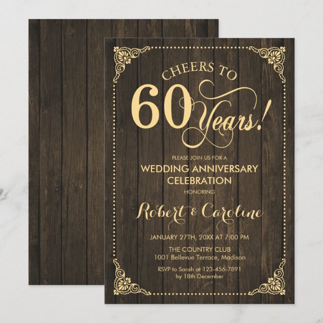 Invitation 60e anniversaire de mariage - Bois doré (Devant / Derrière)