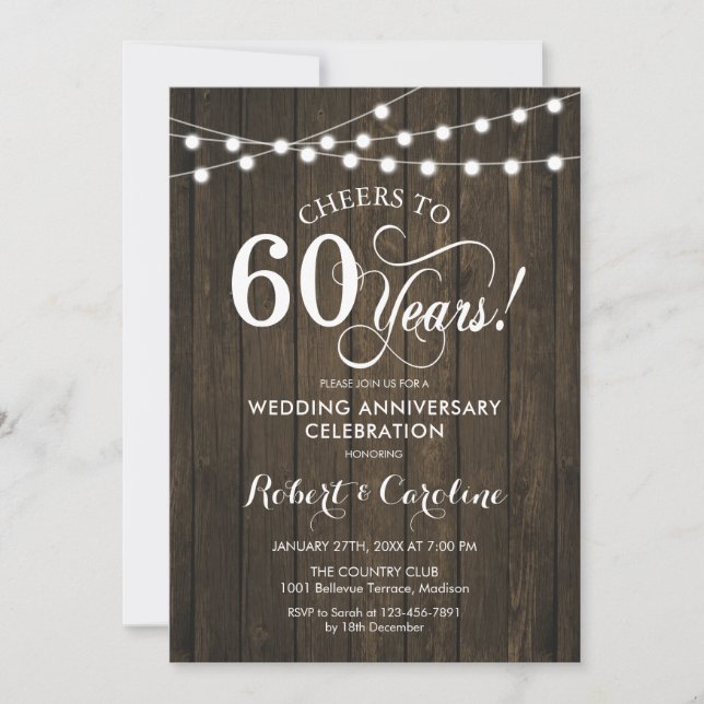 Invitation 60e anniversaire de mariage - Bois rustique (Devant)