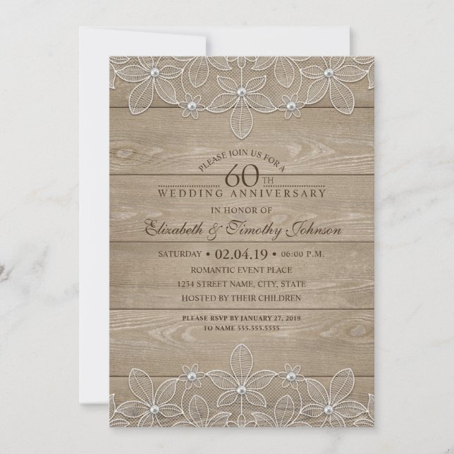 Invitation 60e Anniversaire de Mariage Bois Rustique Dentelle (Devant)