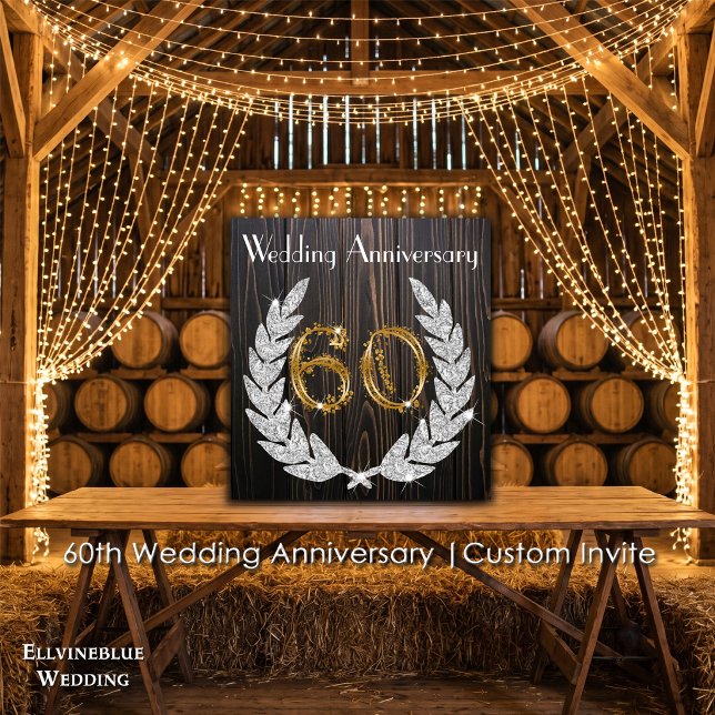 Invitation 60e anniversaire de mariage | Bois rustique et or (60th Wedding Anniversary Invite | Rustic Wood & Diamond Laurel. Size: 5.25” x 5.25”)